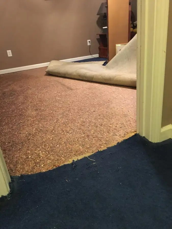 Carpet pad removal revealing water damage during Water Mitigation Services in Providence Village